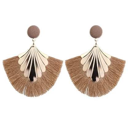 FSUNION 2024 New Bohemia Fan Shaped Tassel Earrings For Women Exaggerated Big Statement Fringed  Vintage Dangle