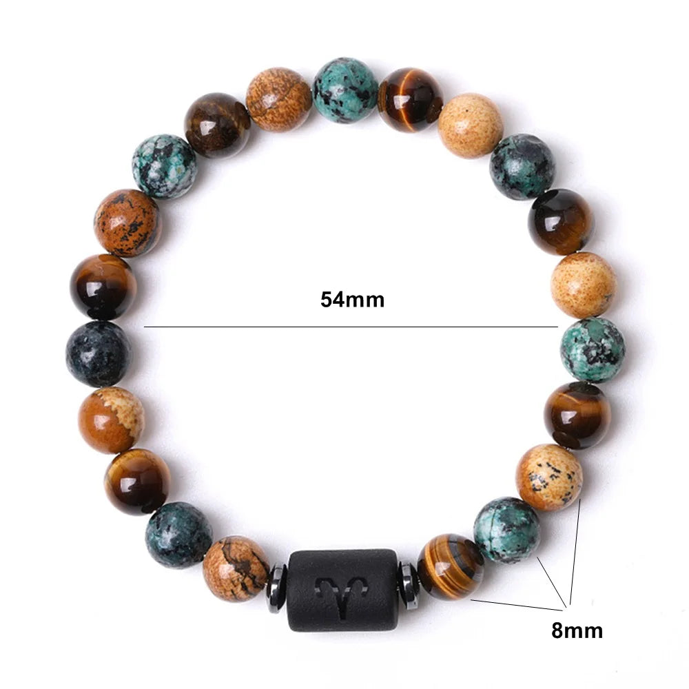 Natural Stone Tiger Eye Picture Jasper Round Beads 12 Constellation Bracelet for Men and Women