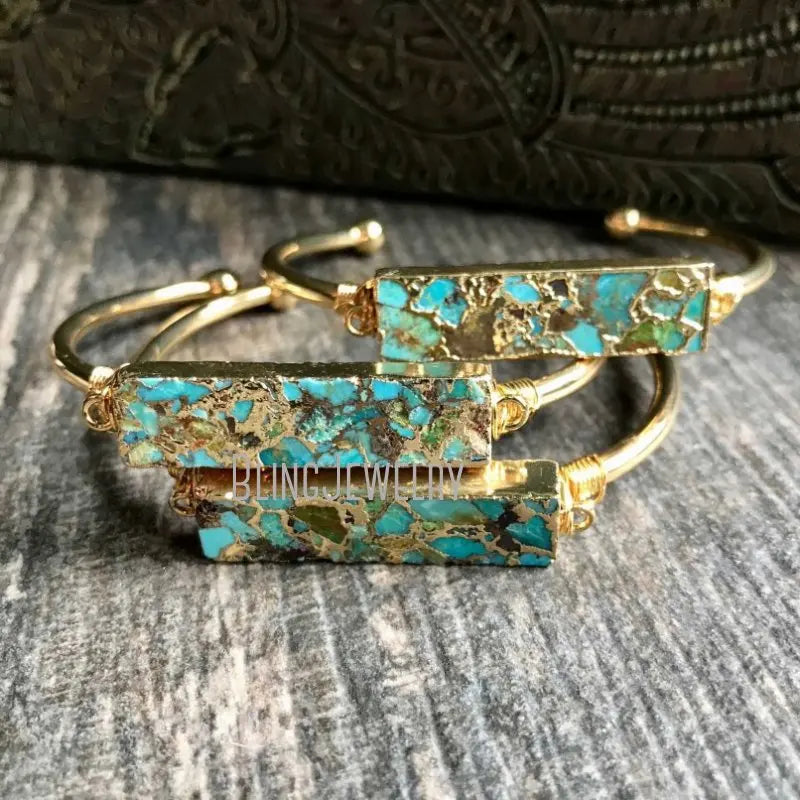 10pcs Boho Turquoise Bar Natural Stone Bangle Bracelet Women Wedding Jewelry Bridesmaid Gift Stainless Steel Gold Color Cuff