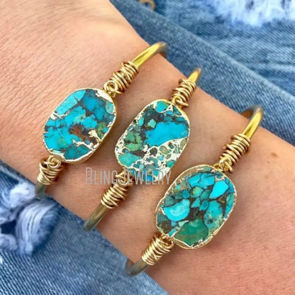 10pcs Boho Turquoise Bar Natural Stone Bangle Bracelet Women Wedding Jewelry Bridesmaid Gift Stainless Steel Gold Color Cuff