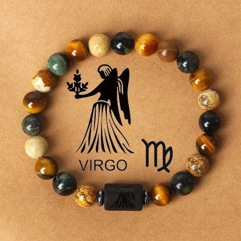 Natural Stone Tiger Eye Picture Jasper Round Beads 12 Constellation Bracelet for Men and Women