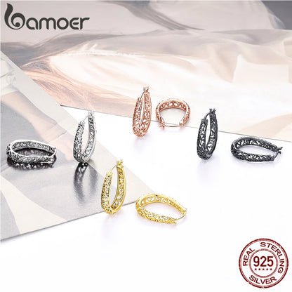 BAMOER 18K Gold Plated Filigree Hoop Earrings 925 Sterling Silver Vintage Vine Earrings For Women Fine Jewelry Original Design