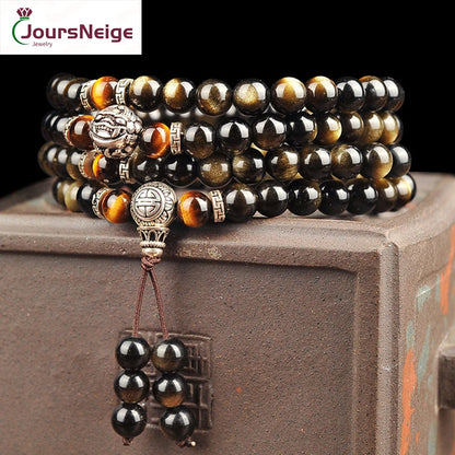 Men Bracelet Natural Golden Black Obsidian Bead Tibetan Silver Pixiu Bracelet Yellow Tiger Stone Bracelets Men Jewelry