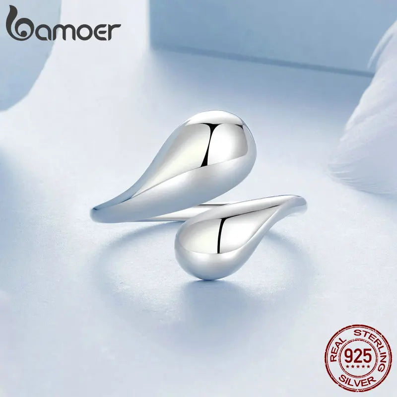 BAMOER 925 Sterling Silver Adjustable Water Droplet Rings Handmade High Polished Thumb Band Statement Ring for Women Girls