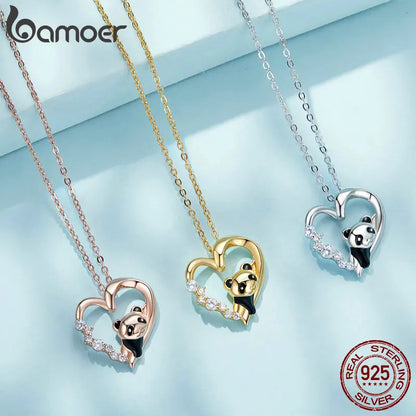 Bamoer 925 Sterling Silver Baby Panda Crystal Necklace Enamel Cute Animal Charm Chain Link for Women Gift 17.71'' SCN453