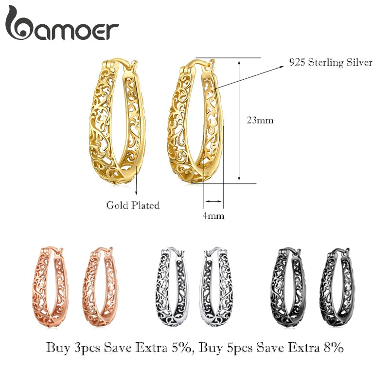 BAMOER 18K Gold Plated Filigree Hoop Earrings 925 Sterling Silver Vintage Vine Earrings For Women Fine Jewelry Original Design