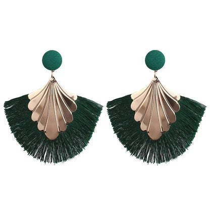 FSUNION 2024 New Bohemia Fan Shaped Tassel Earrings For Women Exaggerated Big Statement Fringed  Vintage Dangle