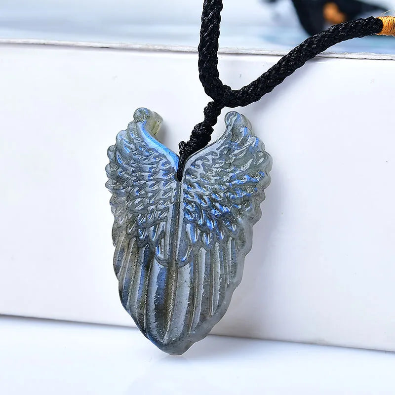 100% Natural Labradorite Angel Wings pendant Original Stone Polished Healing Energy Stone Increase charm Jewelry DIY Gift 1PC