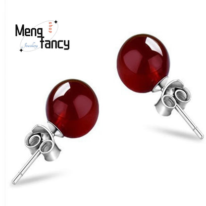 Natural Agate Chalcedony Round Earring 925 Silver Designer Fashion Elegant Sexy Young Girls Jewelry Luxury Couple Holiday Gifts