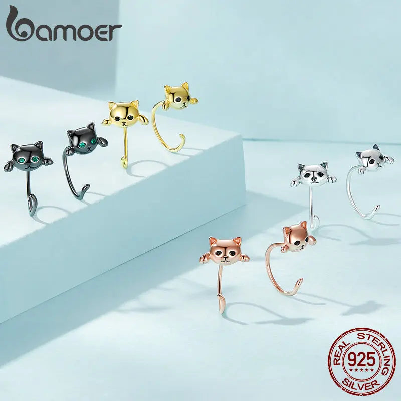 BAMOER Genuine 925 Sterling Silver Cute Cat Tail Stud Earrings for Women Animal Fashion Jewelry Orecchini 4 Colors SCE965