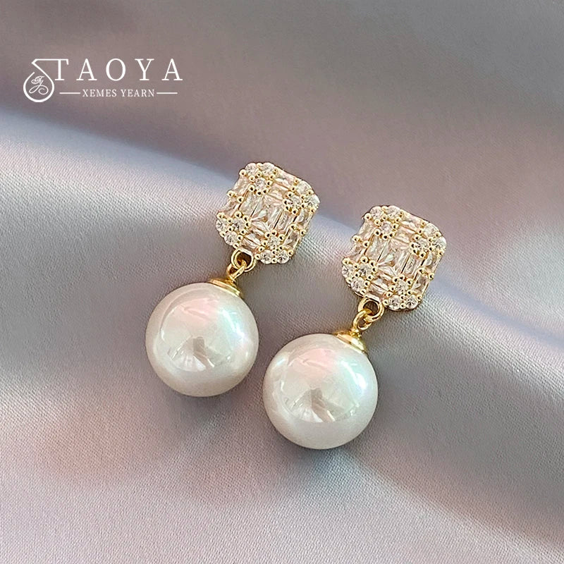 Luxury Shiny Zircon Crystal Pearl Pendant Gold Color Earrings 2023 Fashion Jewelry Party For Women's Exquisite Ear Accessories