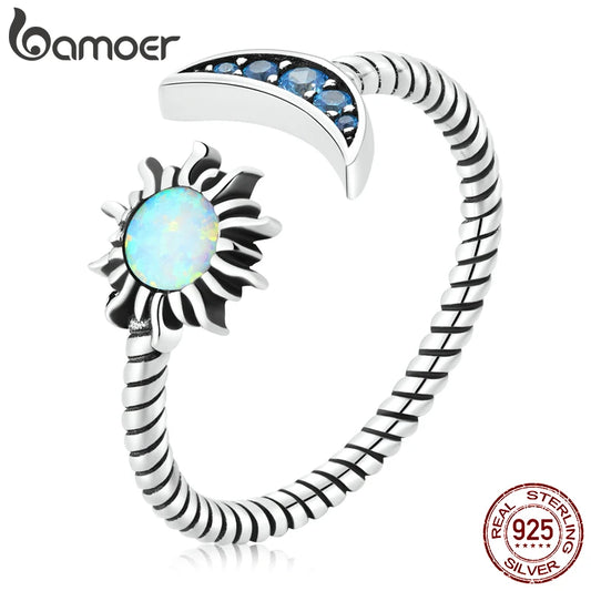 BAMOER Authentic 925 Sterling Silver Shining Sun & Moon Open Size Ring for Women Vintage Opal Ring Fine Jewelry Party Gift