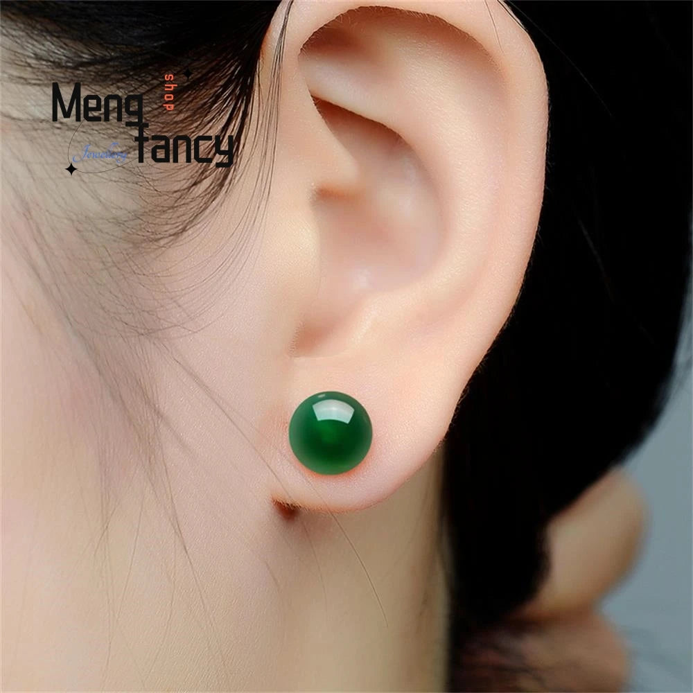 Natural Agate Chalcedony Round Earring 925 Silver Designer Fashion Elegant Sexy Young Girls Jewelry Luxury Couple Holiday Gifts