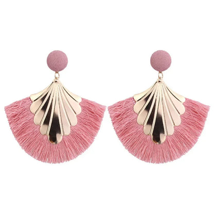 FSUNION 2024 New Bohemia Fan Shaped Tassel Earrings For Women Exaggerated Big Statement Fringed  Vintage Dangle