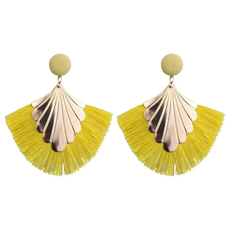 FSUNION 2024 New Bohemia Fan Shaped Tassel Earrings For Women Exaggerated Big Statement Fringed  Vintage Dangle