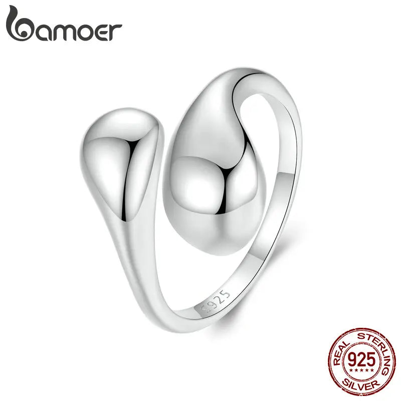 BAMOER 925 Sterling Silver Adjustable Water Droplet Rings Handmade High Polished Thumb Band Statement Ring for Women Girls