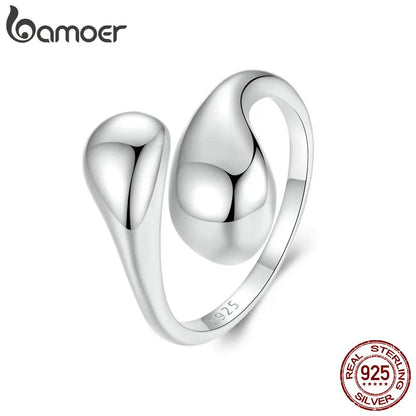 BAMOER 925 Sterling Silver Adjustable Water Droplet Rings Handmade High Polished Thumb Band Statement Ring for Women Girls