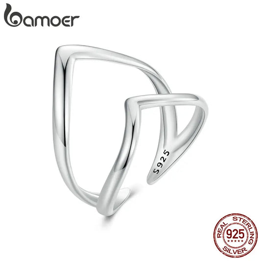 BAMOER 925 Sterling Silver Punk Style V-shaped Opening Ring Double-layer Adjustable Ring Simple Fine Jewelry for Women SCR981-E