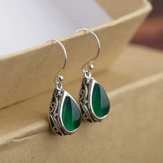 Huitan Waterdrop Red/Green Stone Dangle Earrings for Women Newly Designed Vintage Silver Color Female Daily Wear 2023 Jewelry