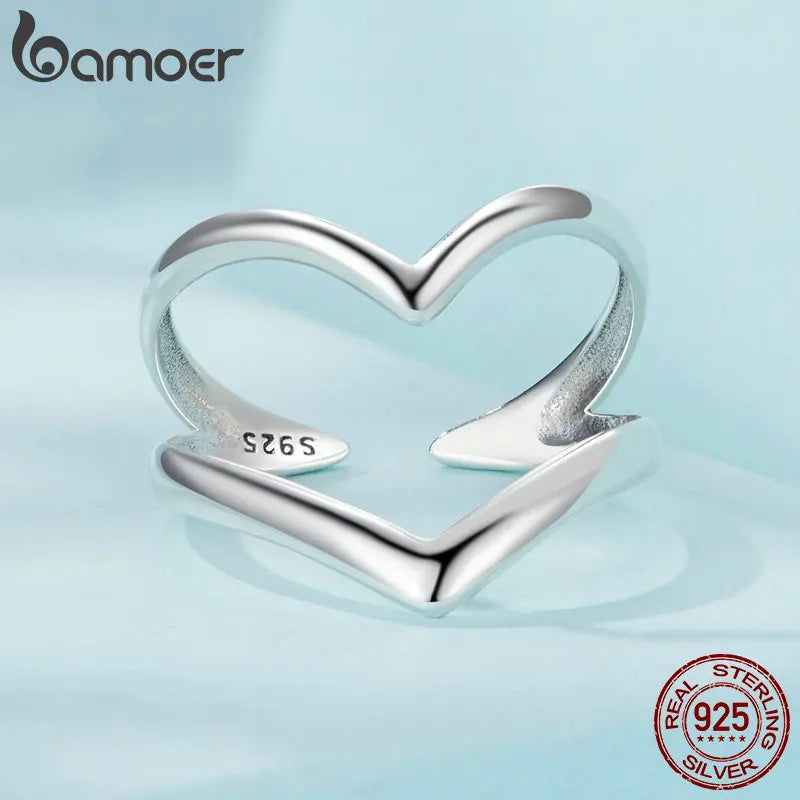 BAMOER 925 Sterling Silver Punk Style V-shaped Opening Ring Double-layer Adjustable Ring Simple Fine Jewelry for Women SCR981-E