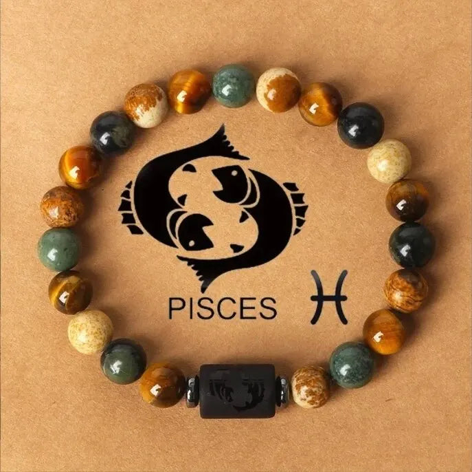 Natural Stone Tiger Eye Picture Jasper Round Beads 12 Constellation Bracelet for Men and Women