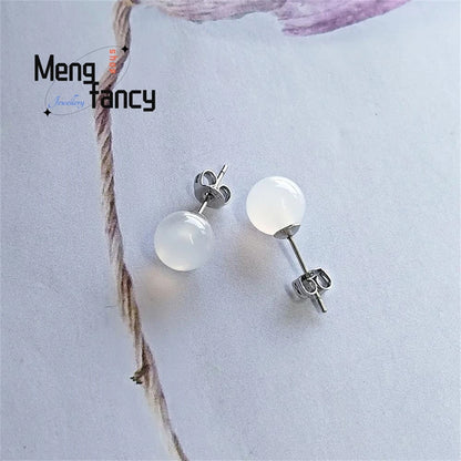 Natural Agate Chalcedony Round Earring 925 Silver Designer Fashion Elegant Sexy Young Girls Jewelry Luxury Couple Holiday Gifts