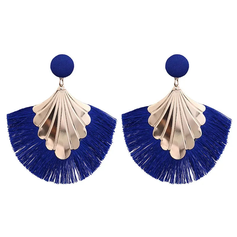 FSUNION 2024 New Bohemia Fan Shaped Tassel Earrings For Women Exaggerated Big Statement Fringed  Vintage Dangle