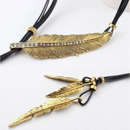 Fashion New Gold Color Boho Style Rope Chain Leaf Feather Pattern Pendant Ladies High Jewelry Choker Personality Necklace