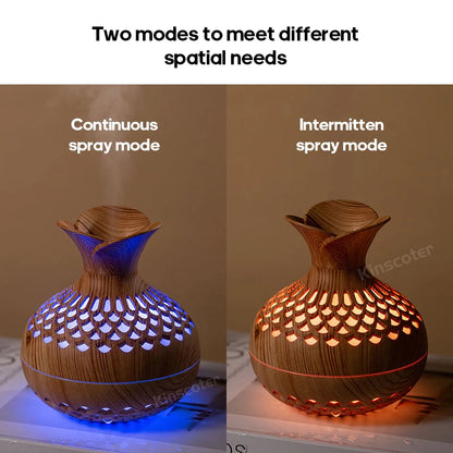 ZenMist Wood Grain Aroma Diffuser: 300ml Ultrasonic Humidifier with RGB LED