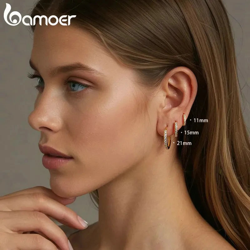 BAMOER 925 Sterling Silver Classic CZ Huggie Hoop Earrings, Gold Plated Cartilage Piercing Earrings Ear Cuff for Women BSE1060