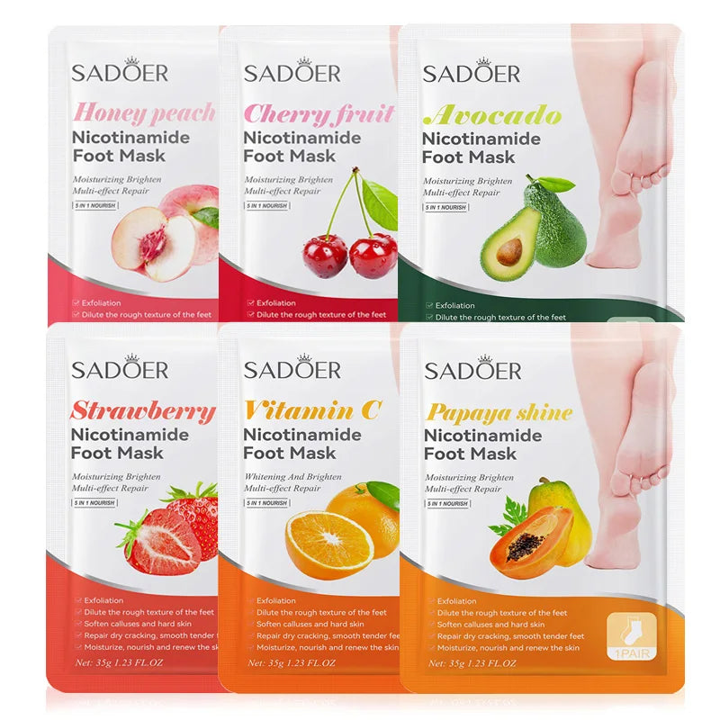 6 Pairs SADOER Fruits Foot Mask Moisturizing Foot Peeling Mask Exfoliating For Feet Spa Pedicure Exfoliant Feet Skin Care