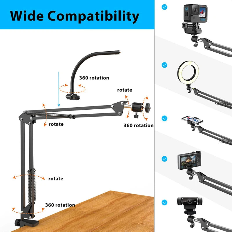 LumiPro Phone Mount with Ring Light: Desktop Overhead Stand for Filming & Recording