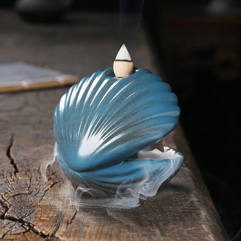 1pc Blue Shell Pearl Incense Burner Home Decor for Living Room Pearl In Shell with LED Light Desktop Mermaid Incense Burner