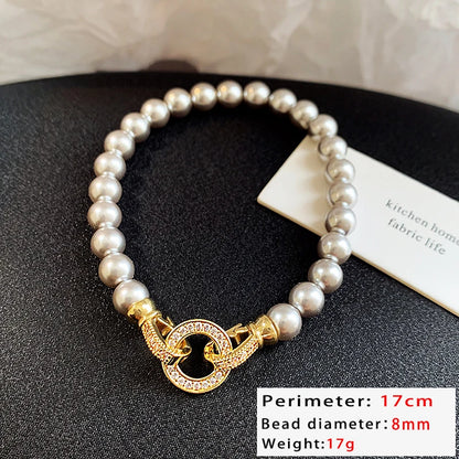 French Elegant Micro Set Zircon Round Buckle Imitation Pearl Beaded Necklace For Women's Temperament Jewelry Sweet Accessories