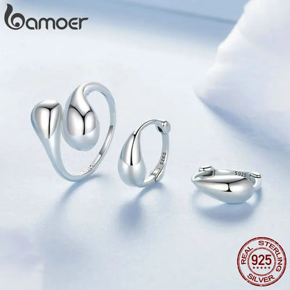 BAMOER 925 Sterling Silver Adjustable Water Droplet Rings Handmade High Polished Thumb Band Statement Ring for Women Girls