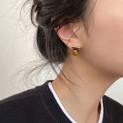 Design Sense Tiger Eye Stone Round Beads Minimalist Earrings 2023 New Jewelry Christmas For Women's Fashion Ear Accessories