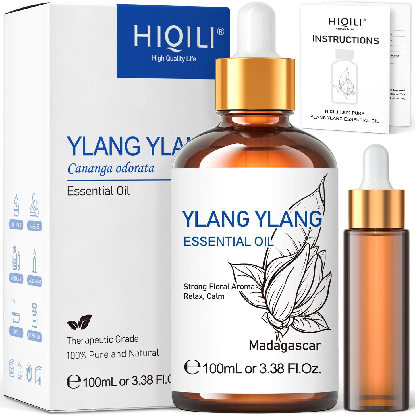 HIQILI 100ML Ylang Ylang Essential Oils for Diffuser/Humidifier/Massage/Aromatherapy  Aromatic Oil for Candle/Soap Making