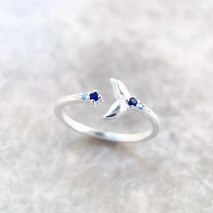 Ring Dolphin Tail Fin With Blue Stones,2022 Europe Style Glam Fine Jewerly For Women Cheerful Gift In Solid 925 Sterling Silver