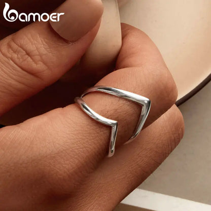 BAMOER 925 Sterling Silver Punk Style V-shaped Opening Ring Double-layer Adjustable Ring Simple Fine Jewelry for Women SCR981-E