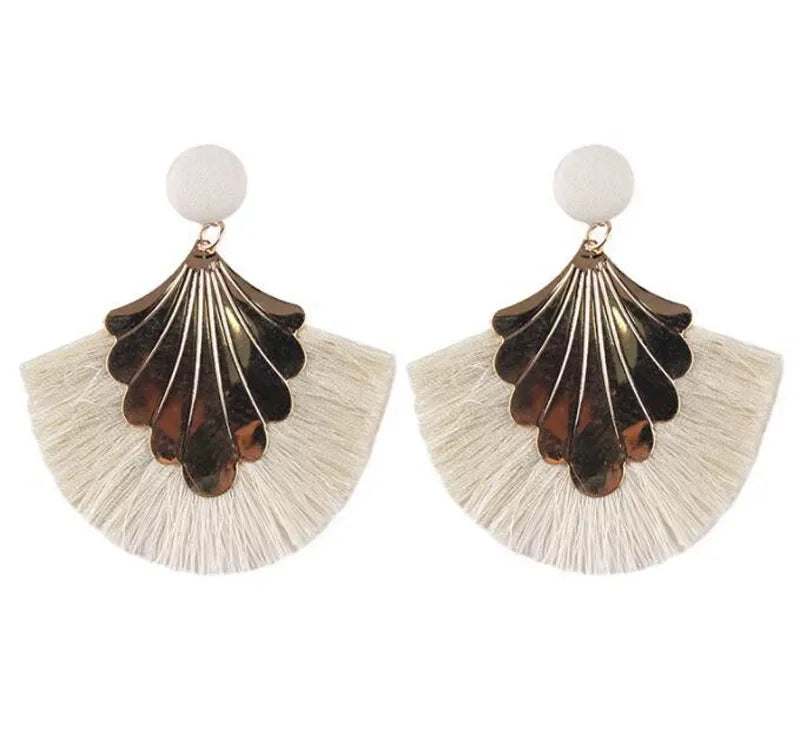 FSUNION 2024 New Bohemia Fan Shaped Tassel Earrings For Women Exaggerated Big Statement Fringed  Vintage Dangle