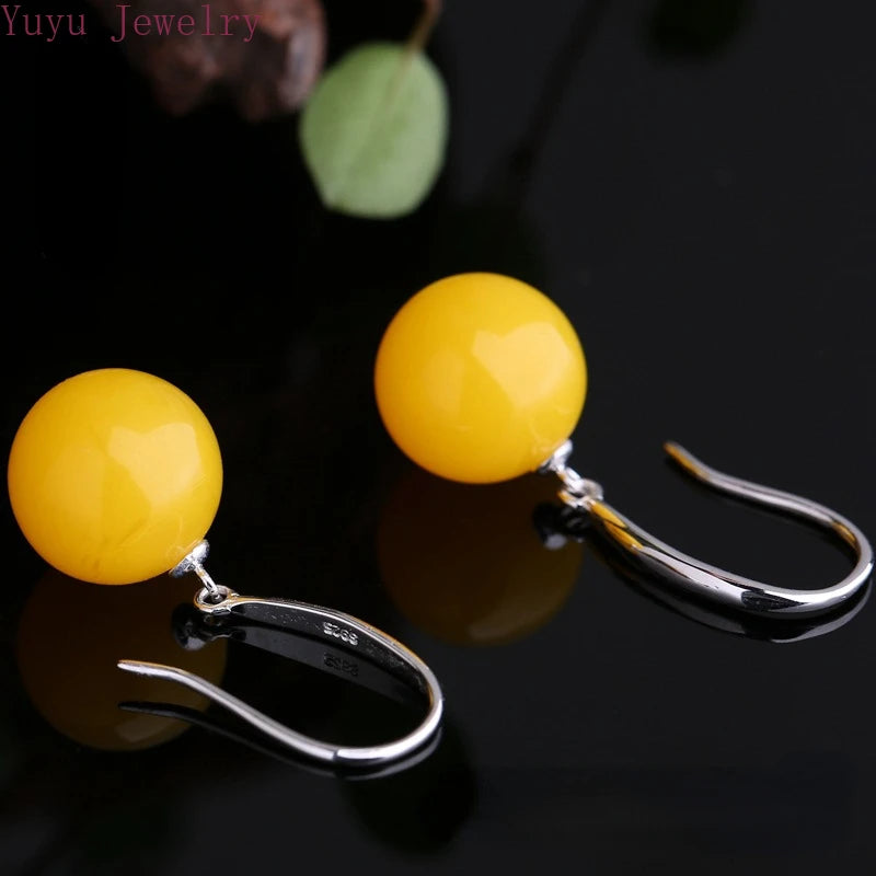 Natural Blue Amber Earrings Charm Yellow Beeswax Amber Luxury Women's Earrings Wedding Souvenir  925 sterling silver