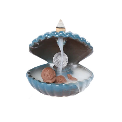 1pc Blue Shell Pearl Incense Burner Home Decor for Living Room Pearl In Shell with LED Light Desktop Mermaid Incense Burner