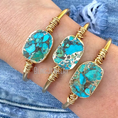 10pcs Boho Turquoise Bar Natural Stone Bangle Bracelet Women Wedding Jewelry Bridesmaid Gift Stainless Steel Gold Color Cuff