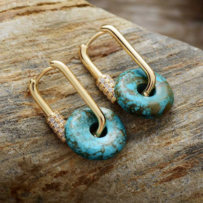 Unique Turquoises Stone Geometric Trendy Gold Plated Zircon Hoop Earrings Teen Girls Women Designer Jewelry Wholesale