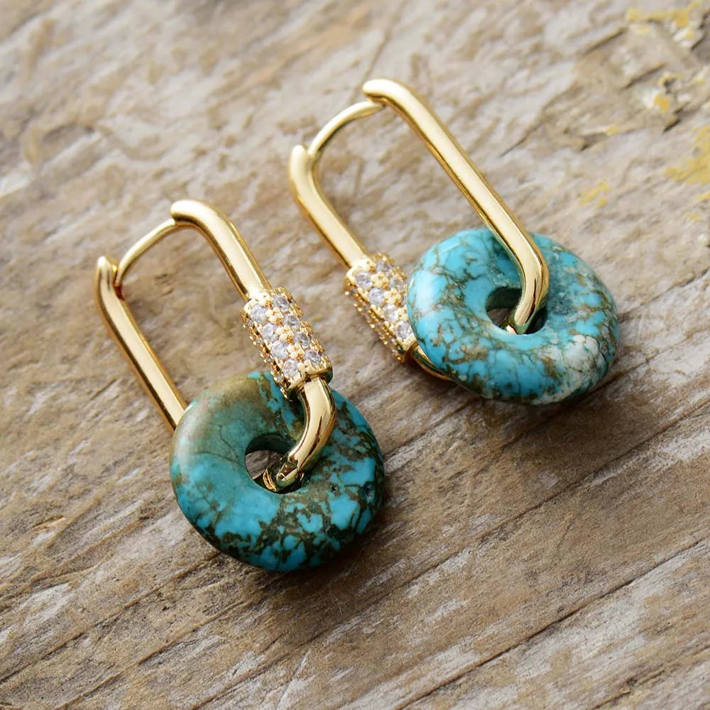 Unique Turquoises Stone Geometric Trendy Gold Plated Zircon Hoop Earrings Teen Girls Women Designer Jewelry Wholesale